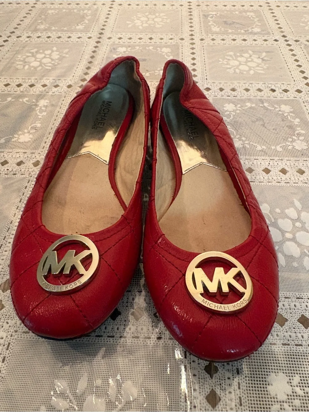 Michael Kors Red Quilted Leather Logo Ballet Flats